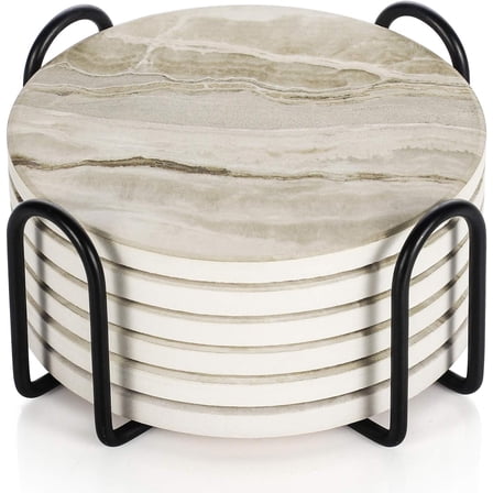 SUSWIM Drink Coasters with Holder, Absorbent Coaster Sets of 6, Marble Style Ceramic Drink Coaster for Tabletop Protection,Suitable for Kinds of Cups, Wooden Table, Cool Home Decor, 4 Inches