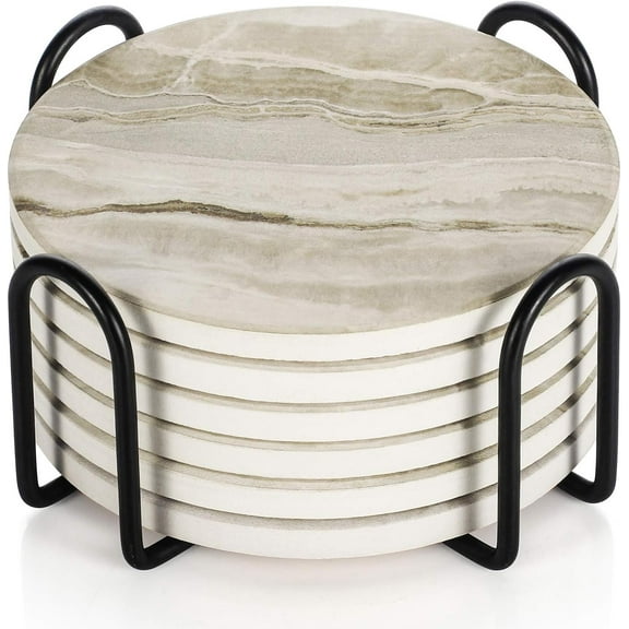 SUSWIM Drink Coasters with Holder, Absorbent Coaster Sets of 6, Marble Style Ceramic Drink Coaster for Tabletop Protection,Suitable for Kinds of Cups, Wooden Table, Cool Home Decor, 4 Inches