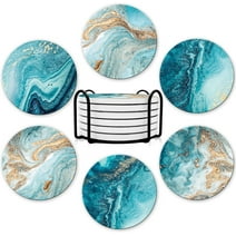 SUSWIM Drink Coasters with Holder, Absorbent Coaster Sets of 6, Marble Style Ceramic Drink Coaster for Tabletop Protection,Suitable for Kinds of Cups, Wooden Table, Cool Home Decor, 4 Inches