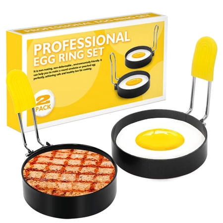 SUSWIM Non-stick with Silicone Handle Round Stainless Steel Egg & Pancake Ring, (2 Count)