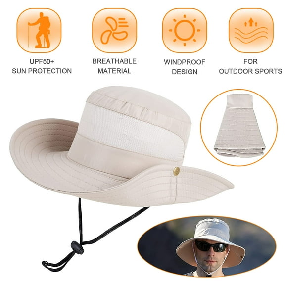 SUTENG Fisherman Bucket Cap Nylon Wide Brim Sunshade Anti UV Waterproof Folding Portable Outdoor Hat Head Wear With Adjustable Chin Strap Beige
