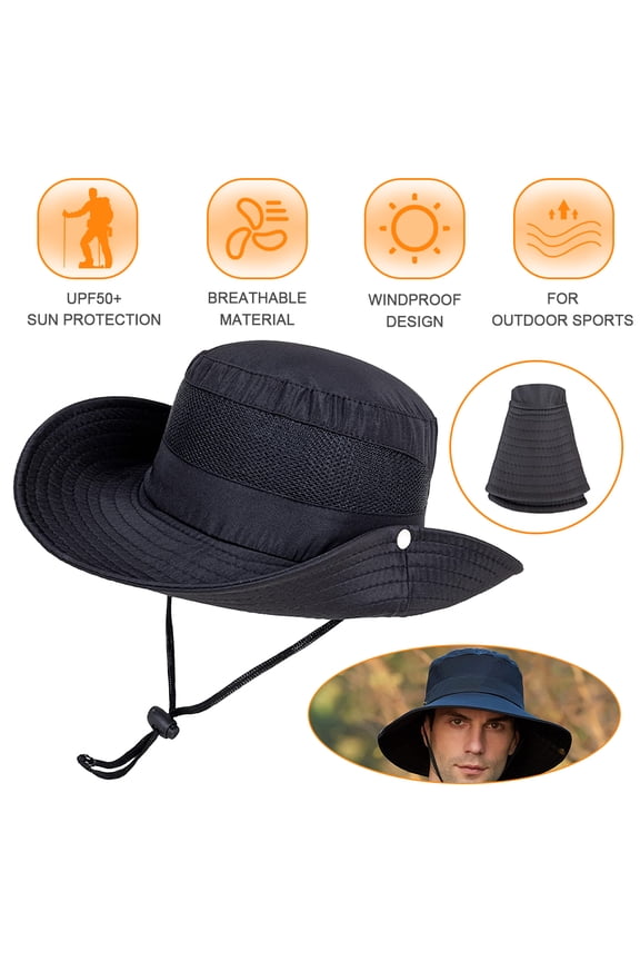 Fisherman Bucket Cap Nylon Wide Brim Sunshade Anti UV Waterproof Folding Portable Outdoor Hat Head Wear With Adjustable Chin Strap Black