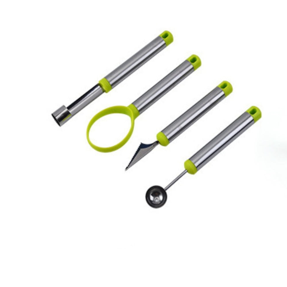 SUTENG Melon Baller Scoop Set, Professional 4 Piece Stainless Steel Watermelon Knife Fruit Carving Tool Set，Fruit Scooper Seed Remover Melon Baller Carving Knife Double Sided Melon Baller