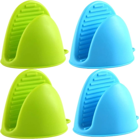 SUTENG Silicone Cooking Pinch Grips Oven Mitts - Finger Protector Pot Holder for Kitchen,Cooking,Baking,BBQ - Heat Resistant Gloves, 2 Pairs (Blue and Green)