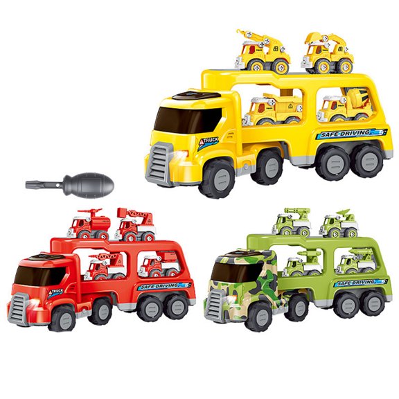 SUTENG Toddler Toys for 2 3 4 5 Year Old, 5 in 1 Construction Vehicles Toy Trucks with Light and Melodies, Friction Powered Transporter, Boys Girls Birthday Gifts
