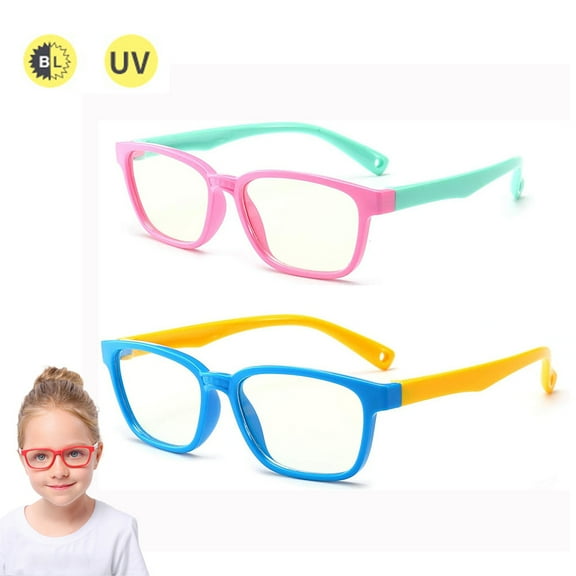 SUTENG nti Blue Light Glasses for Kids Computer Glasses,Silicone Goggles Soft Frame UV Protection Anti Glare Eyeglasses Computer Glasses Video Gaming Glasses (2 pks Pink-Green+Blue-Yellow)