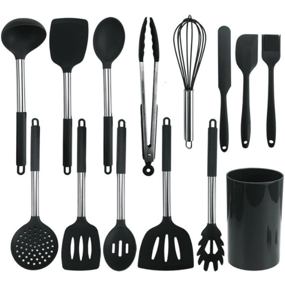 SUTNEG 14-Piece Cookware Set, Silicone Cookware Set, Non-Stick Cookware with Stainless Steel Handle, Cookware, BPA Free (Black)