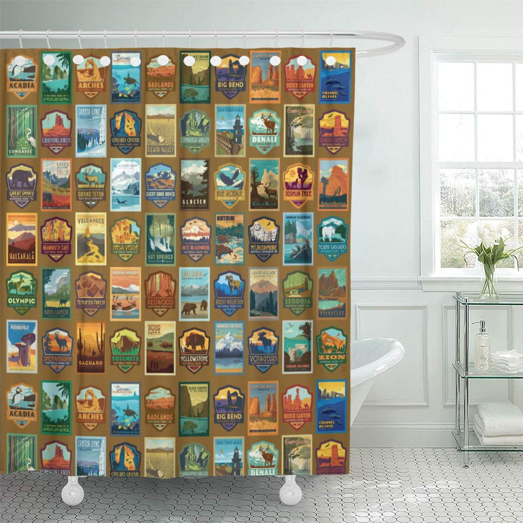 SUTTOM Anderson National Parks Pattern Travel Vintage Retro Classic Yellowstone Shower Curtain ...