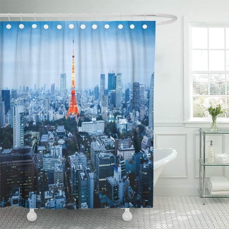 SUTTOM Architecture Blue Aerial Tokyo City Skyline at Sunset Shower Curtain 60x72 inch
