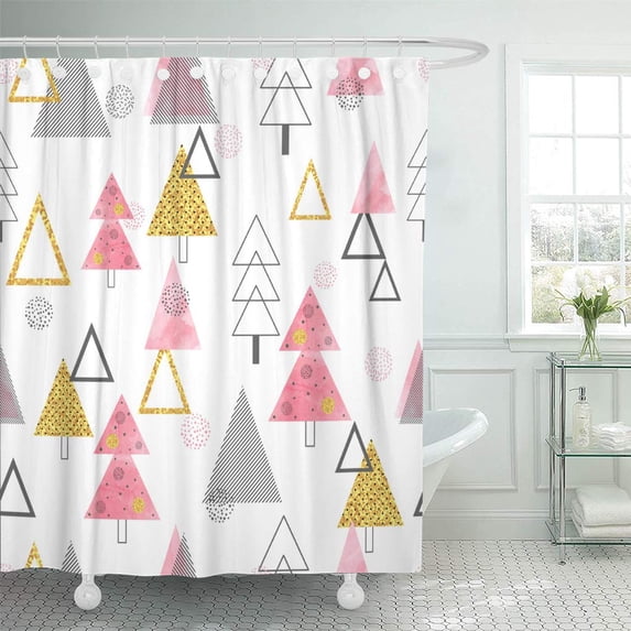 SUTTOM Black Watercolor Christmas Trees Pattern in Retro Holiday Pink Shower Curtain 60x72 inch
