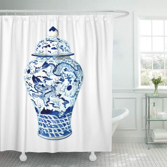 SUTTOM Blue Annechovie Ginger Jar No Anne Harwell White Chinoiserie Shower Curtain 60x72 inch