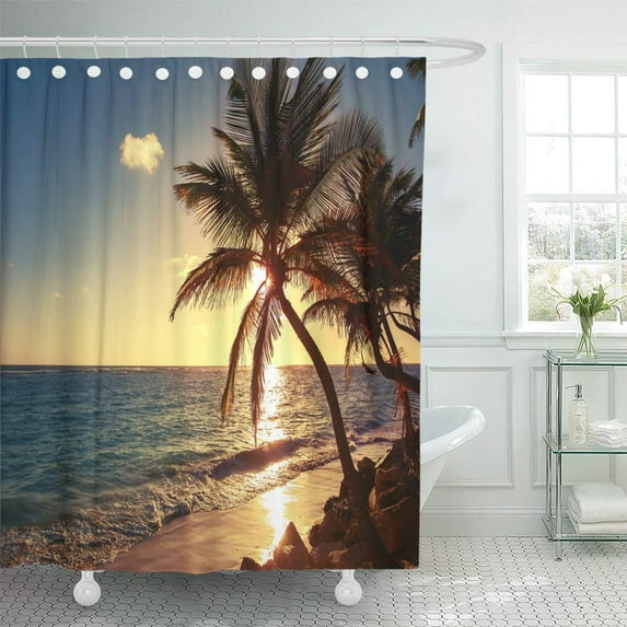 SUTTOM Blue Caribbean Palm Tree Tropical Beach Sunrise Shot Orange Shower Curtain 66x72 inch