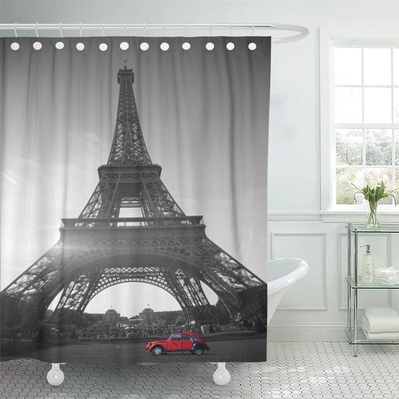 SUTTOM Blue Paris Summer Sunset Vintage Red Car Stands Champ Shower Curtain 66x72 inch