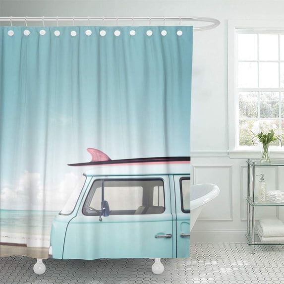 SUTTOM Blue Vintage Car Parked Tropical Beach Seaside Surfboard Roof Shower Curtain 66x72 inch