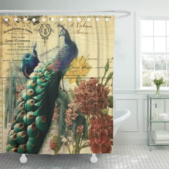 SUTTOM Botanical Floral French Country Modern Vintage Peacock Parisian Wedding Shower Curtain 66x72 inch