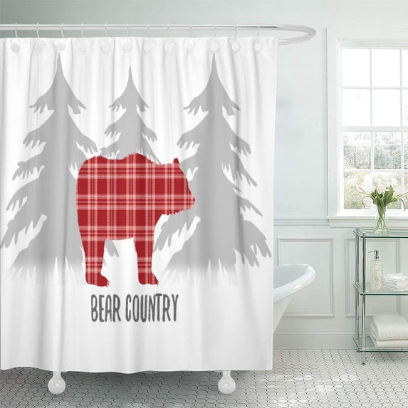 SUTTOM Cabin Bear Country Red Plaid and Rustic Silhoutte Alaska Shower Curtain 66x72 inch