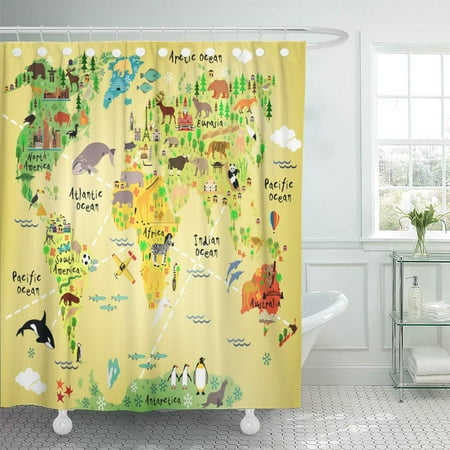SUTTOM Cartoon World Map Geography Kids Canberra America Fish Shower Curtain 66x72 inch