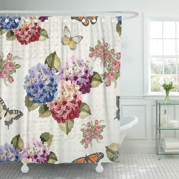 SUTTOM Colorful Hydrangea Vintage Flowers and Butterflies Modern Pattern Abstract Shower Curtain 60x72 inch
