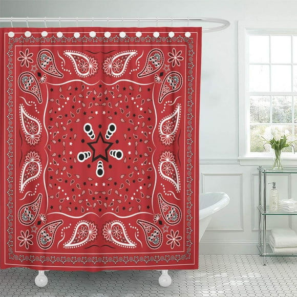 SUTTOM Colorful Pattern Red Paisley Bandana Scarf Abstract Artistic Bandanna Black Shower Curtain 66x72 inch