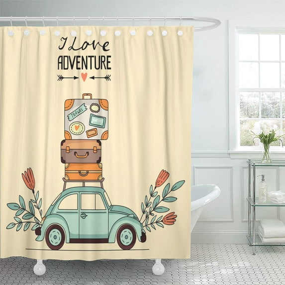 SUTTOM Colorful Vintage Retro Car Luggage Roof and Space Transport Holiday Shower Curtain 66x72 inch