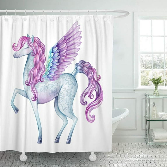 SUTTOM Colorful Watercolor Pegasus Fairy Tale Creature Flying Stallion Magical Shower Curtain 66x72 inch