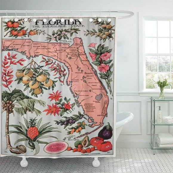 SUTTOM Florida Vintage Map of Old Historical Fruits Shower Curtain 66x72 inch