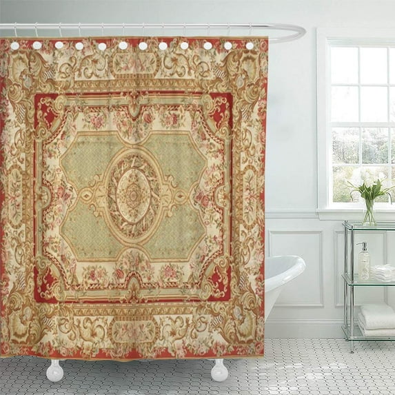 SUTTOM Green Floral Luxury Vintage Red Cream Gold Shower Curtain 66x72 inch