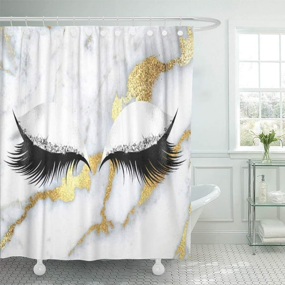 SUTTOM Lashes Gold Gray Black Makeup Marble Stone Sparkly Diamond Shower Curtain 66x72 inch