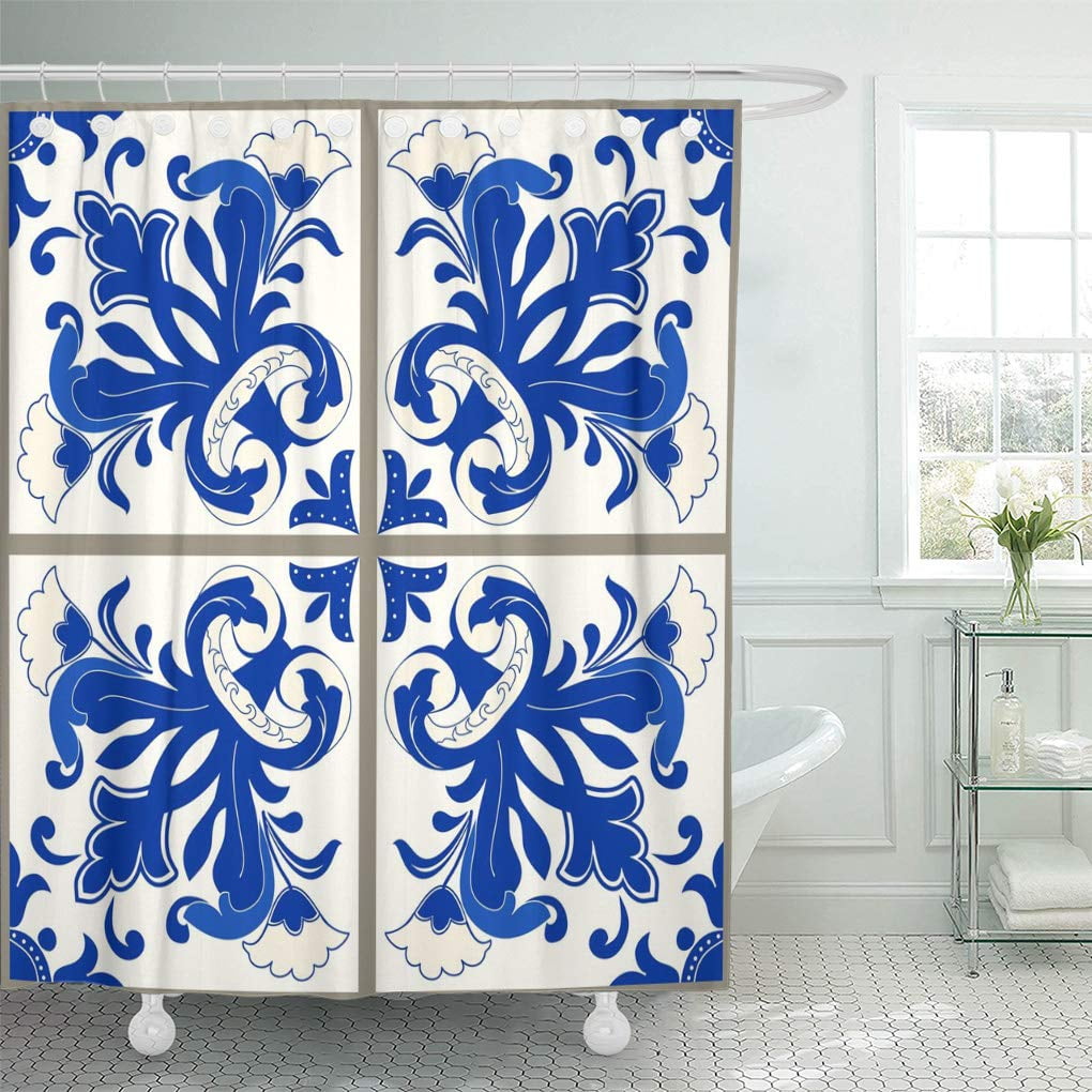 SUTTOM Majolica Pottery Blue and White Azulejo Original Traditional Portuguese Shower Curtain