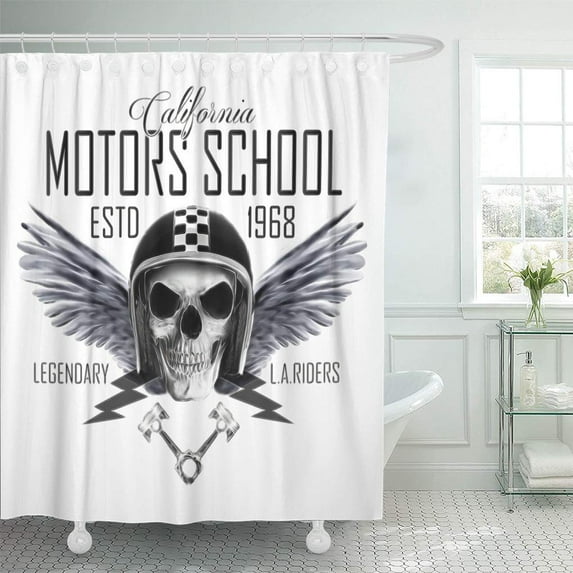 SUTTOM Motorcycle Skull Tattoo Black and White Graphic Slogan Biker Shower Curtain 60x72 inch