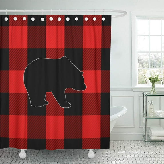 SUTTOM Rustic Lumberjack Red Buffalo Check Bear Plaid Pattern Forest Shower Curtain 66x72 inch