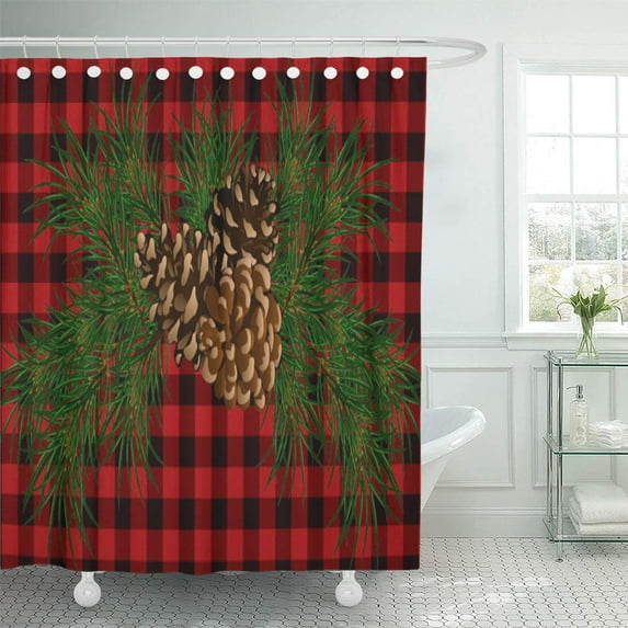 SUTTOM Rustic Red and Black Plaid Pine Cone Tartan Pattern Shower Curtain 60x72 inch