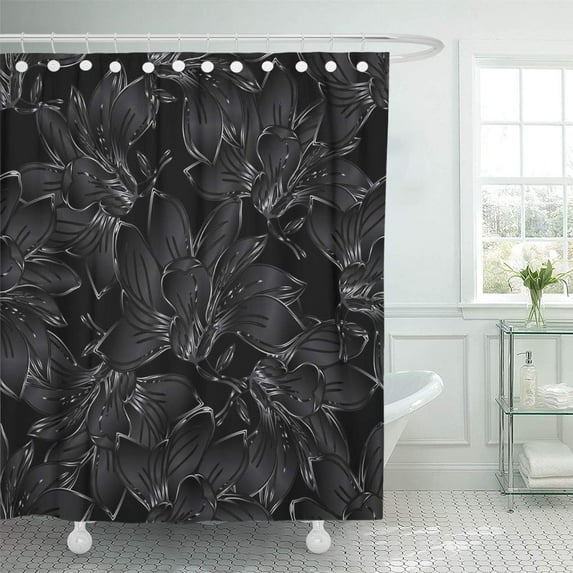 SUTTOM Silver 3D Floral Dark Black Abstract Lily Flowers Leaves Shower Curtain 66x72 inch