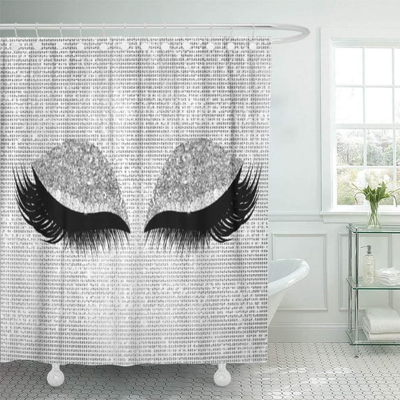 SUTTOM Sparkly Silver Sequin Black Gray Makeup Lashes Diamond Sleep Shower Curtain 60x72 inch