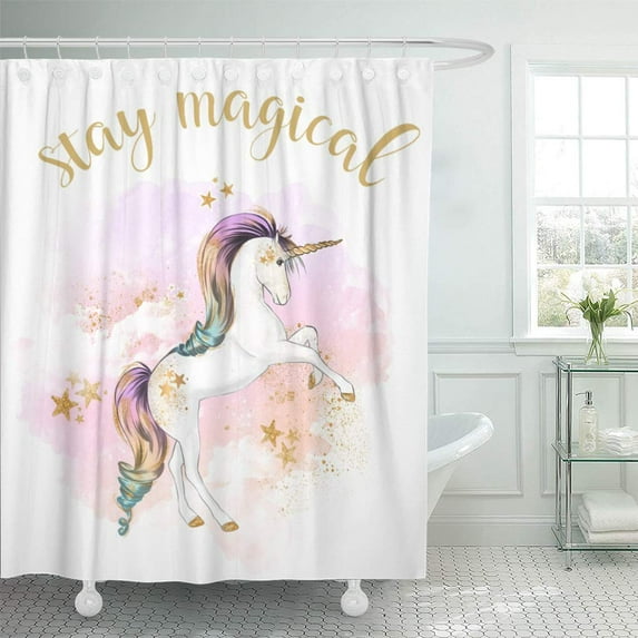 SUTTOM Watercolor Gold Rainbow Unicorn Stay Stars Shower Curtain 60x72 inch