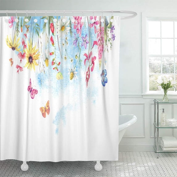 SUTTOM Watercolor Natural Summer Wildflowers Meadow Herbal Chamomile and Butterflies Shower Curtain 66x72 inch