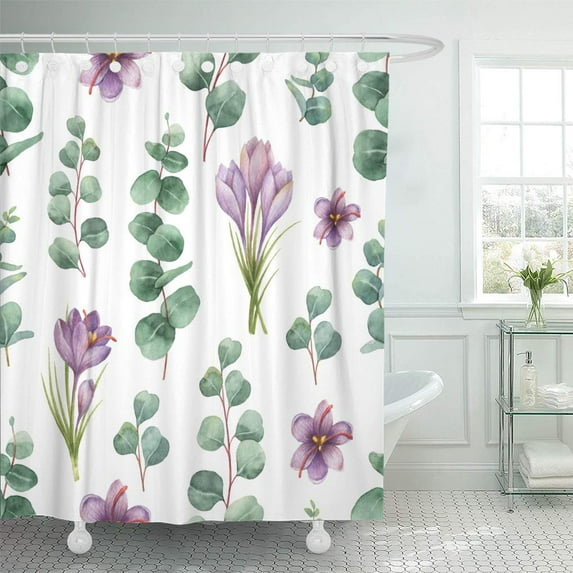 SUTTOM Watercolor Seamless Pattern Silver Dollar Eucalyptus Leaves and Flowers Shower Curtain 60x72 inch