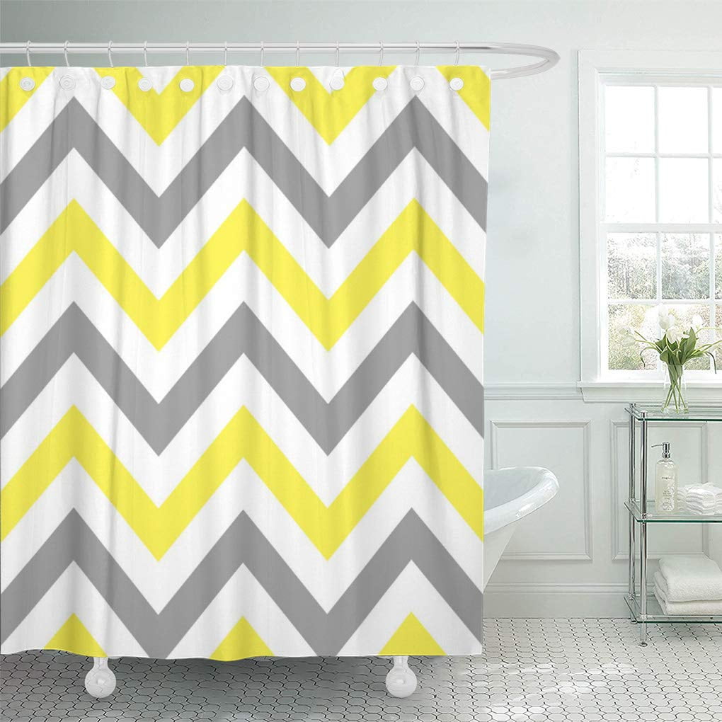 SUTTOM Zig Yellow Dk Gray Wht Large Chevron Zigzag Zag Shower Curtain
