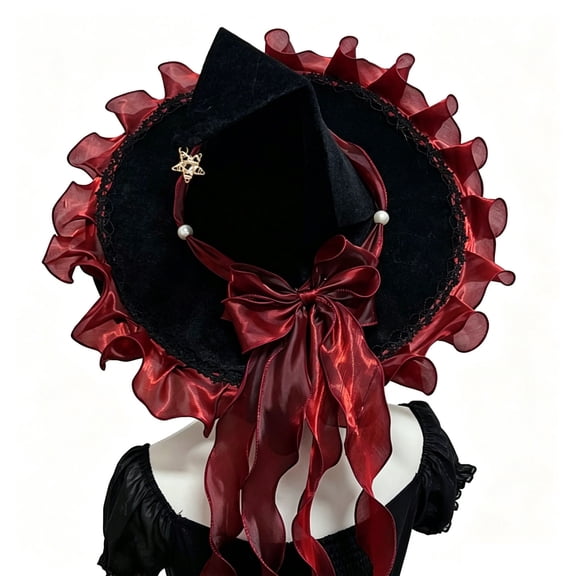 SUTWOEN Handmade Halloween Witch Hat Wide Pointed Wizard Hat With Red Ruffle Bow For Party Halloween Gothic Photoshoot Carnival Dress Up