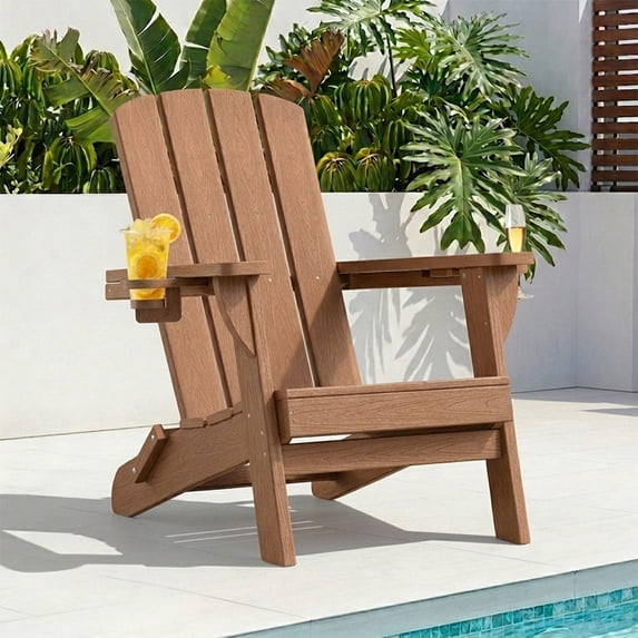 SUUNYN Folding Adirondack Chair, HDPE All-Weather Fire Pit Chairs, Plastic Adirondack Chairs with 2 Cup Holder, Browm