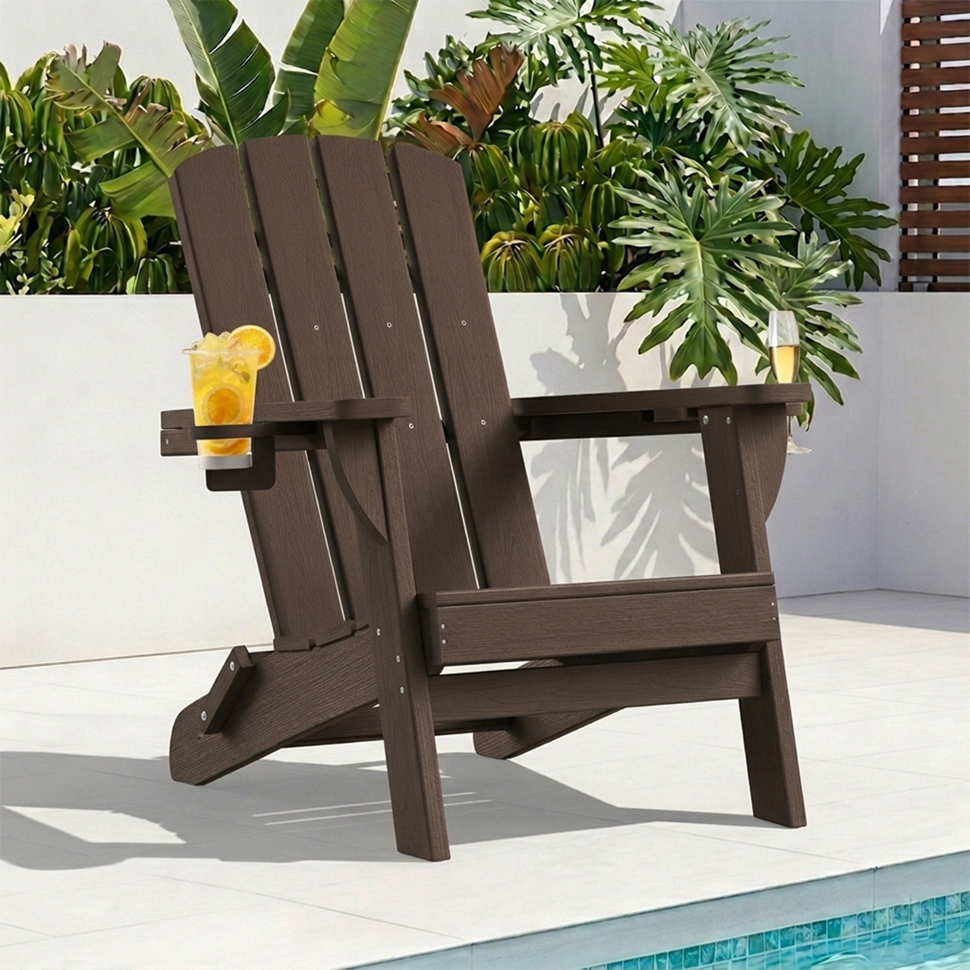 SUUNYN Folding Adirondack Chair, HDPE All-Weather Fire Pit Chairs, Plastic Adirondack Chairs with 2 Cup Holder,Brown