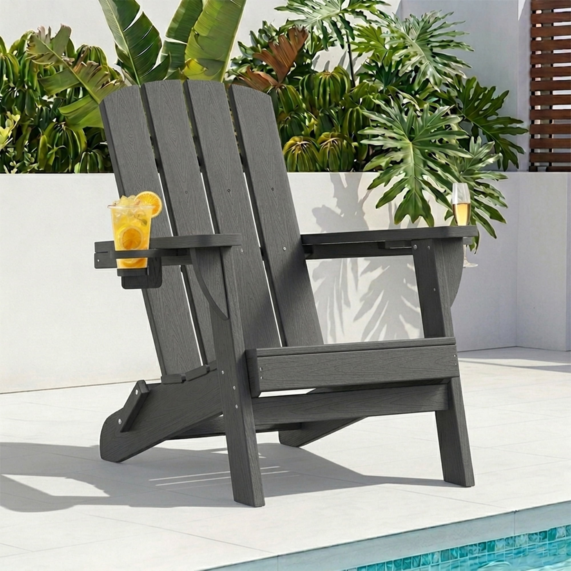 SUUNYN Folding Adirondack Chair, HDPE All-Weather Fire Pit Chairs, Plastic Adirondack Chairs with 2 Cup Holder, Grey