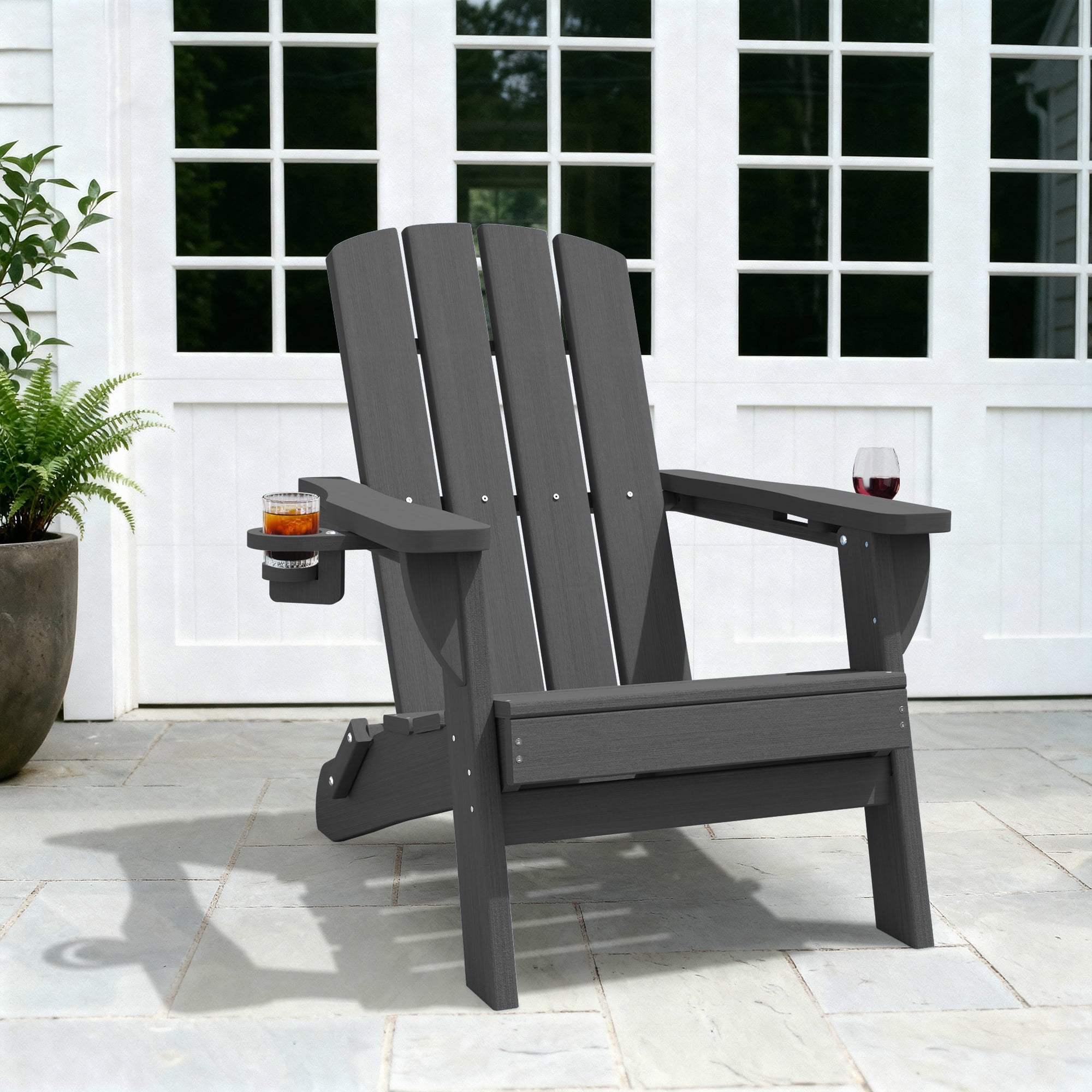 SUUNYN Folding Adirondack Chair, HDPE All-Weather Fire Pit Chairs, Plastic Adirondack Chairs with 2 Cup Holder, Grey