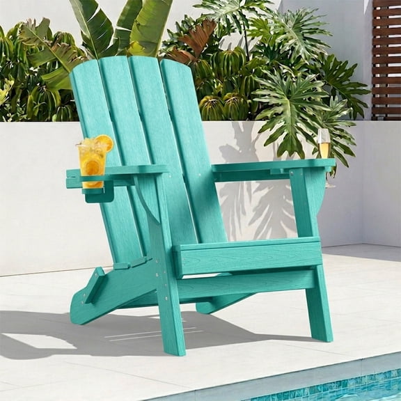 SUUNYN Folding Adirondack Chair, HDPE All-Weather Fire Pit Chairs, Plastic Adirondack Chairs with 2 Cup Holder,Lake Blue