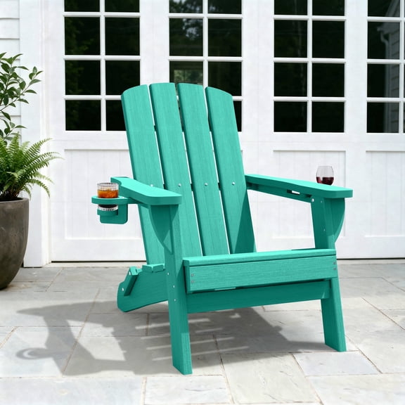 SUUNYN Folding Adirondack Chair, HDPE All-Weather Fire Pit Chairs, Plastic Adirondack Chairs with 2 Cup Holder,Lake Blue