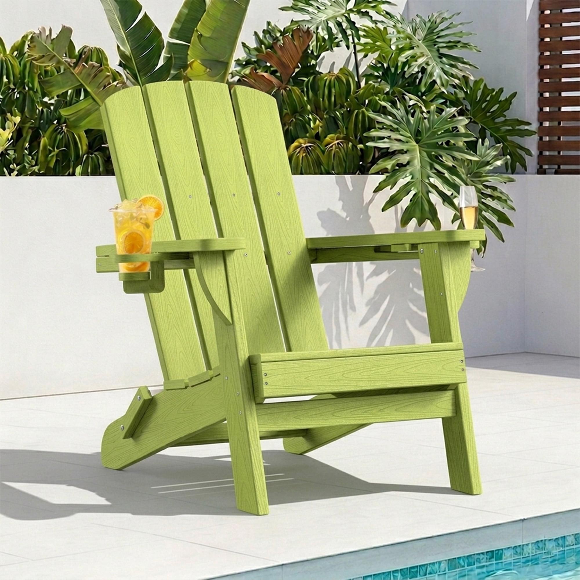SUUNYN Folding Adirondack Chair, HDPE All-Weather Fire Pit Chairs, Plastic Adirondack Chairs with 2 Cup Holder,Light Green