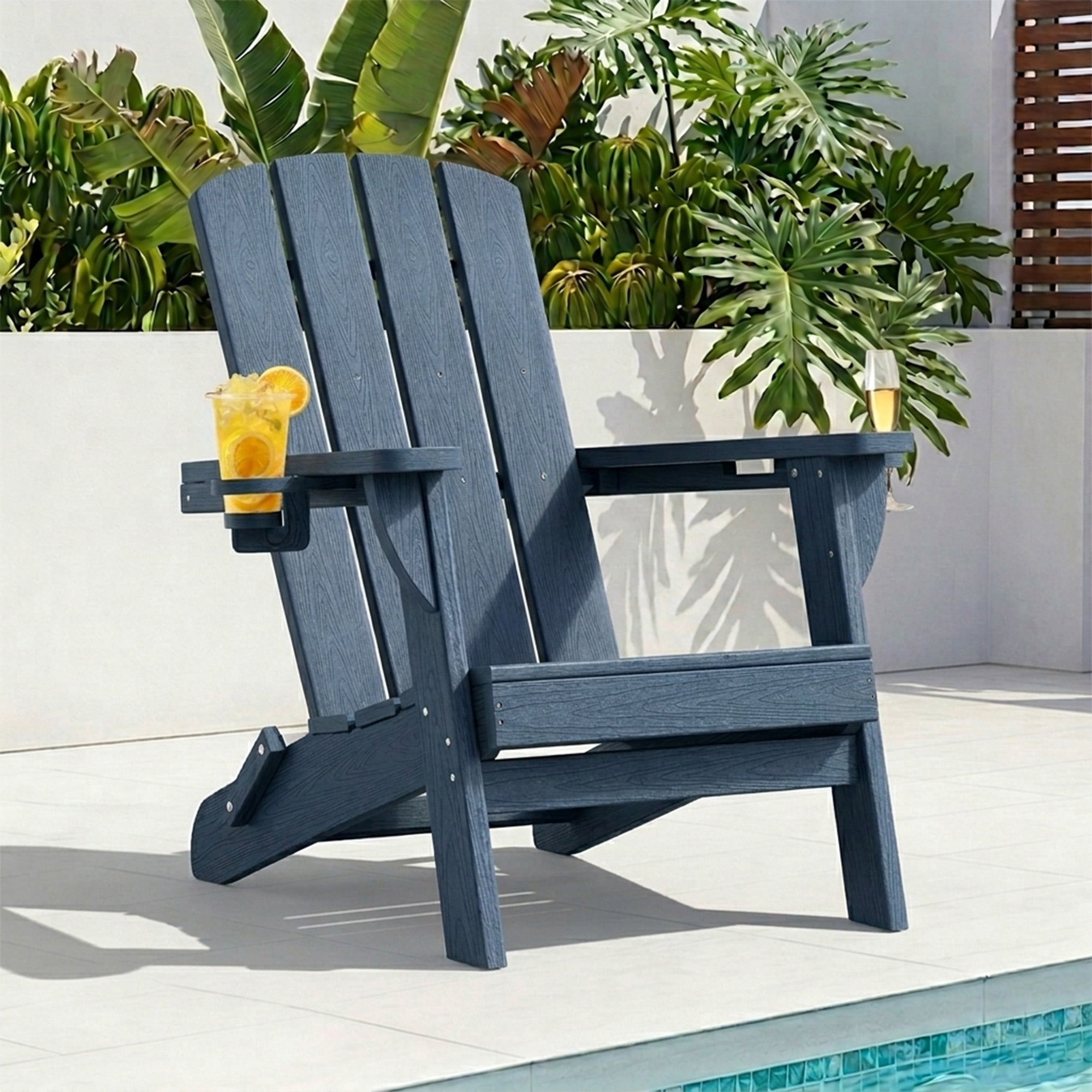 SUUNYN Folding Adirondack Chair, HDPE All-Weather Fire Pit Chairs, Plastic Adirondack Chairs with 2 Cup Holder, Navy Blue