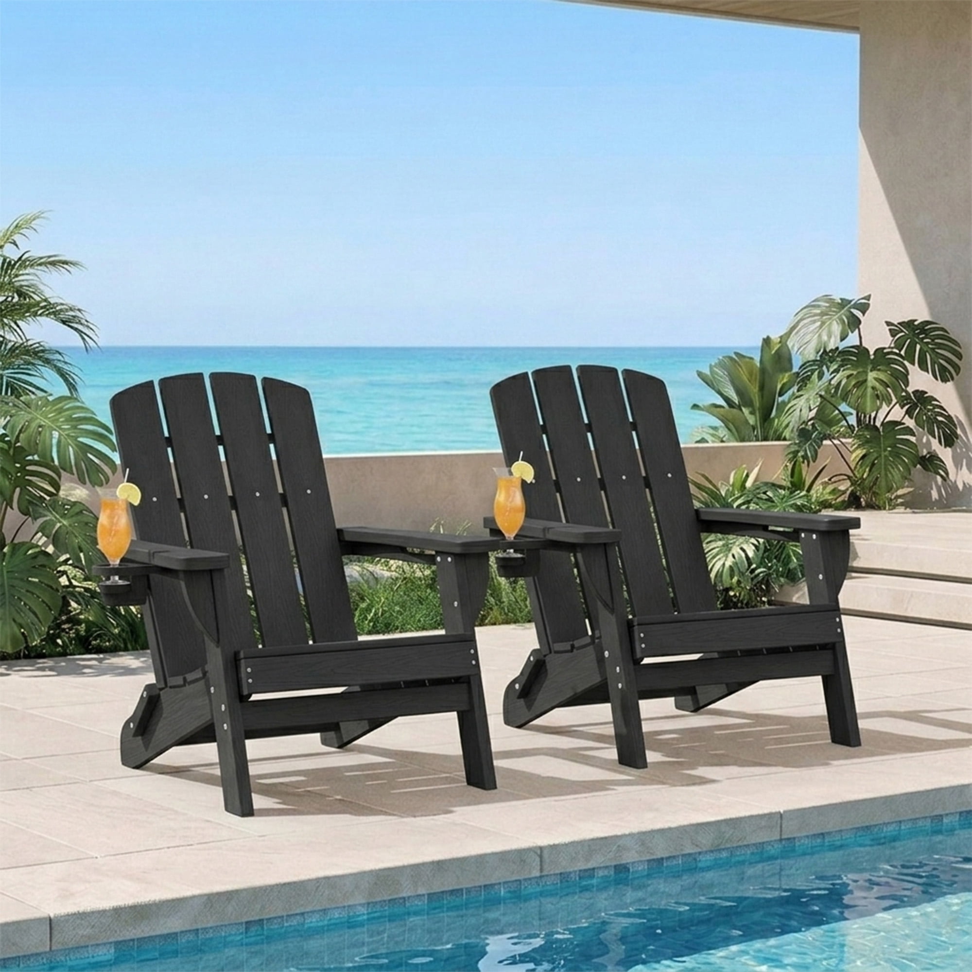 SUUNYN Folding Adirondack Chair Set of 2, HDPE Fire Pit Chairs, Black