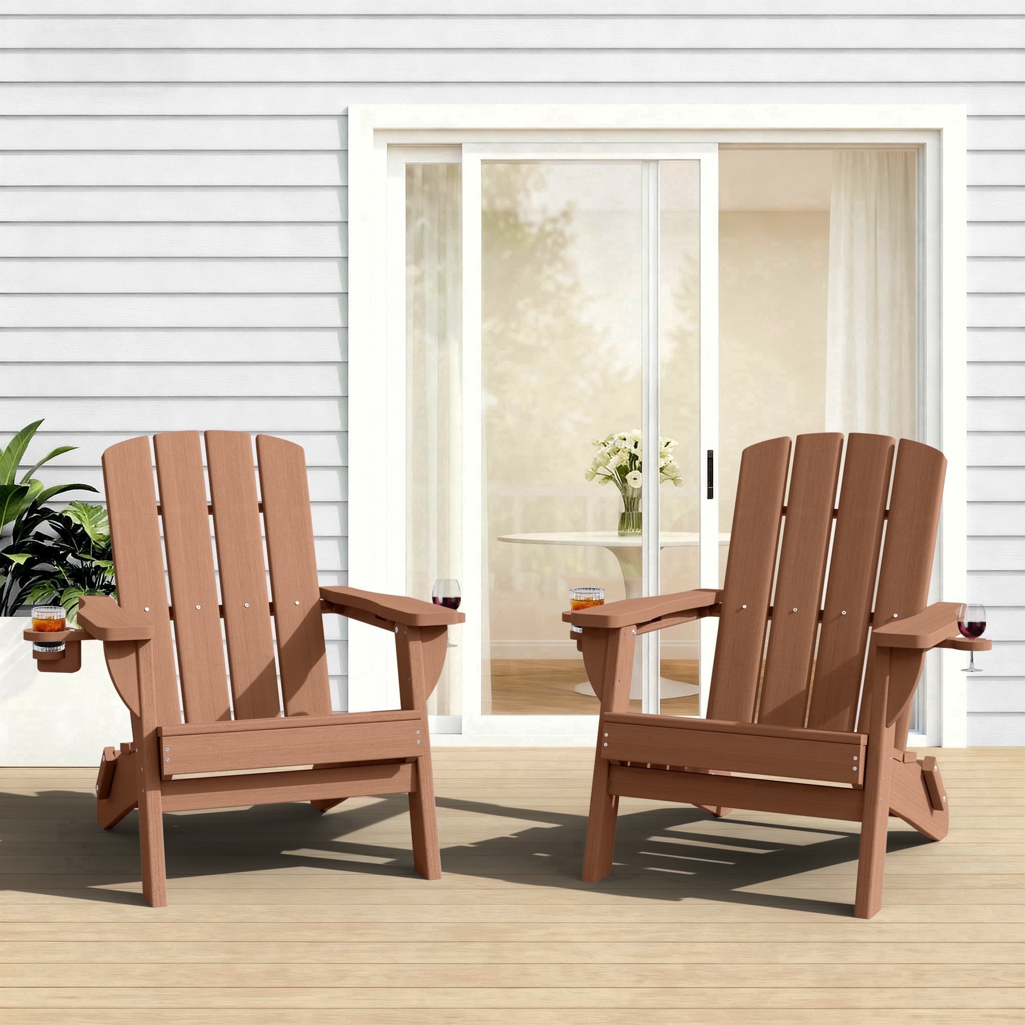 SUUNYN Folding Adirondack Chair Set of 2, HDPE Fire Pit Chairs, Teak