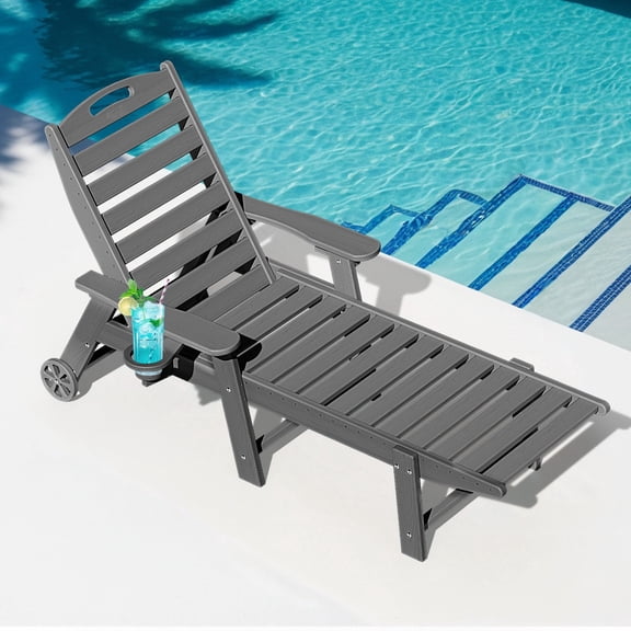 SUUNYN Outdoor Chaise Lounge Chair with Wheels, HDPE Rolling Patio Pool Lounger, Dark Gray
